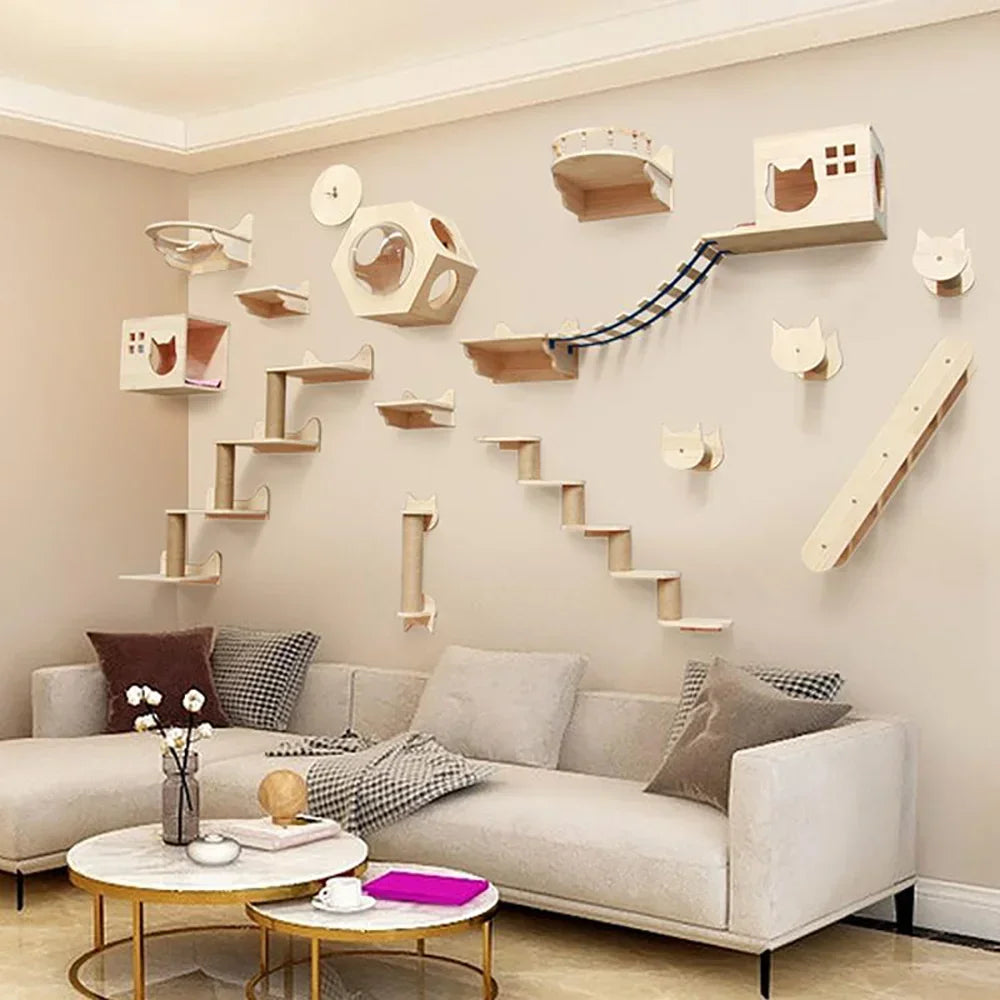 Wall Mounted Solid Wooden Cat Climbing Frame Hammock Scratching Post Shelf with Sisal Jumping Platform Ladder Steps Furniture