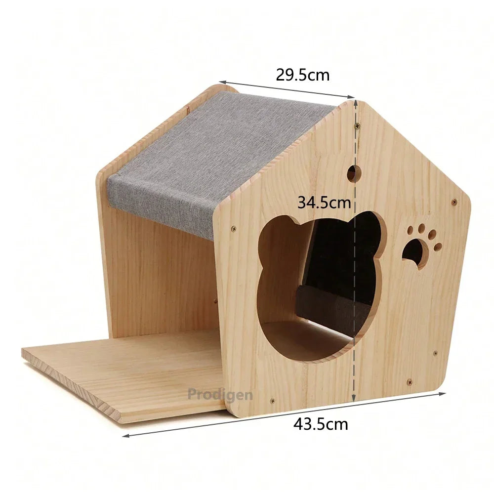 Wall Mounted Solid Wooden Cat Climbing Frame Hammock Scratching Post Shelf with Sisal Jumping Platform Ladder Steps Furniture