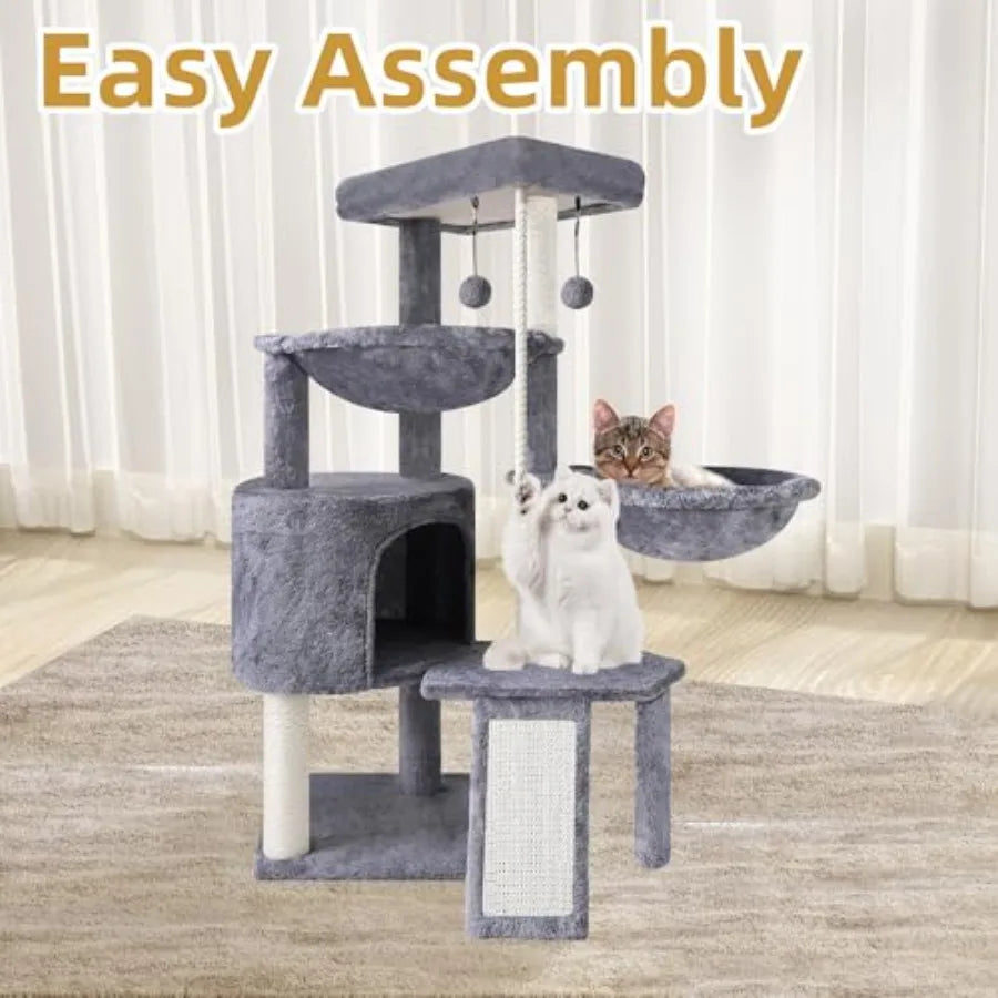 Xin Three Layer Cat Tree with Cat Condo and Two Hammocks in Grey for Indoor Cats Durable Sisal Wrapping and Soft Fleece Lining