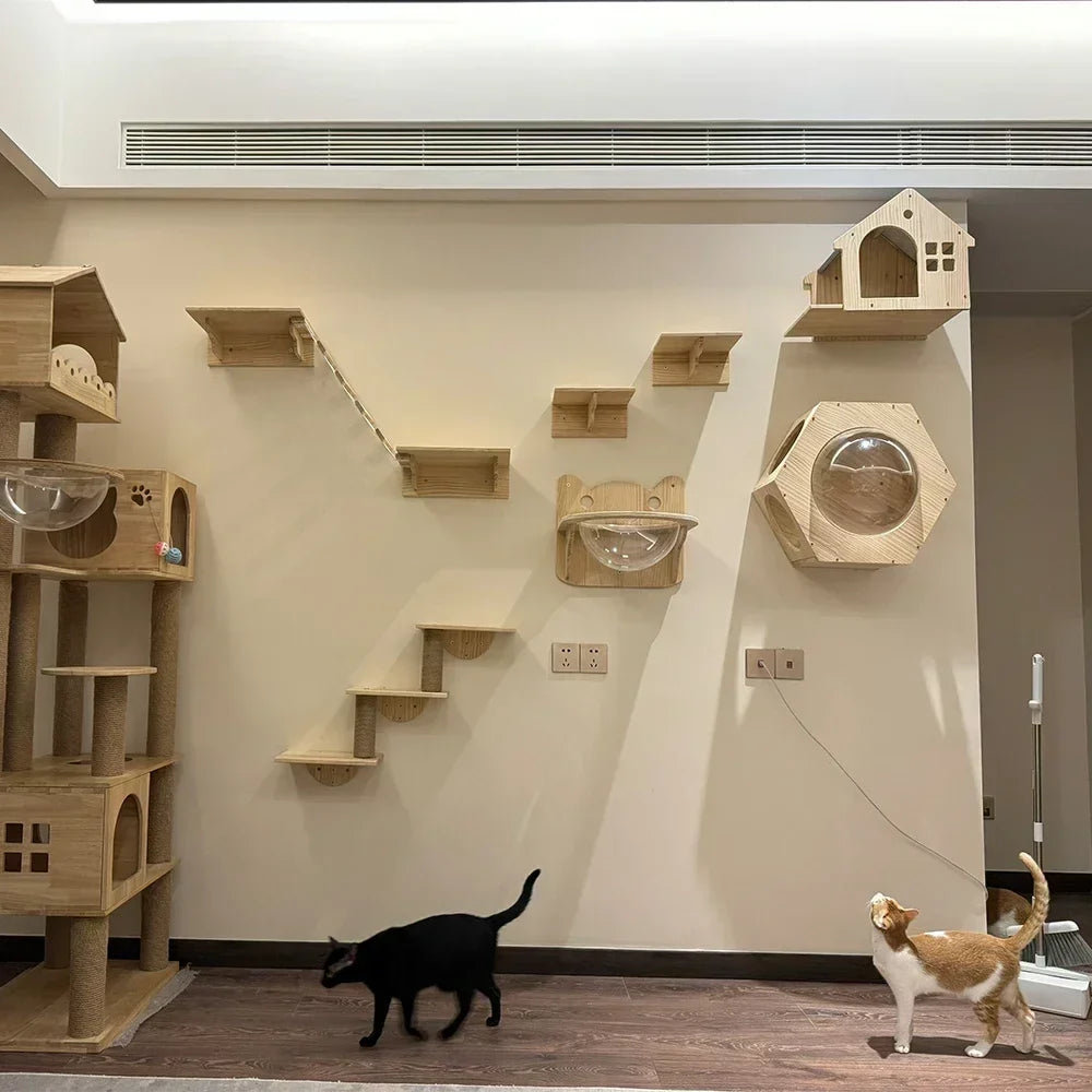 Wall Cat Climbing Shelves Cat Tree Tower Hammock Perches Ladder Solid Wood Steps for Cats Activity Indoor Pet Wall Furniture