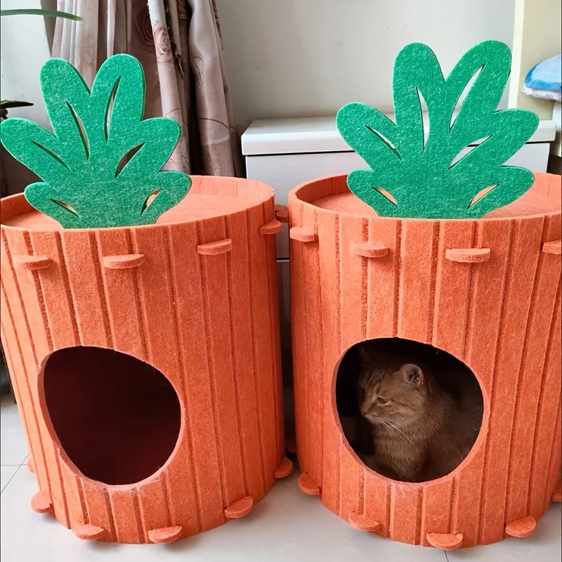 Carrot-Shaped Cat Scratcher & Hideout House, 2-in1 Cozy Felt Playground for Indoor Cats, Removable Non-Shedding Cat Bed
