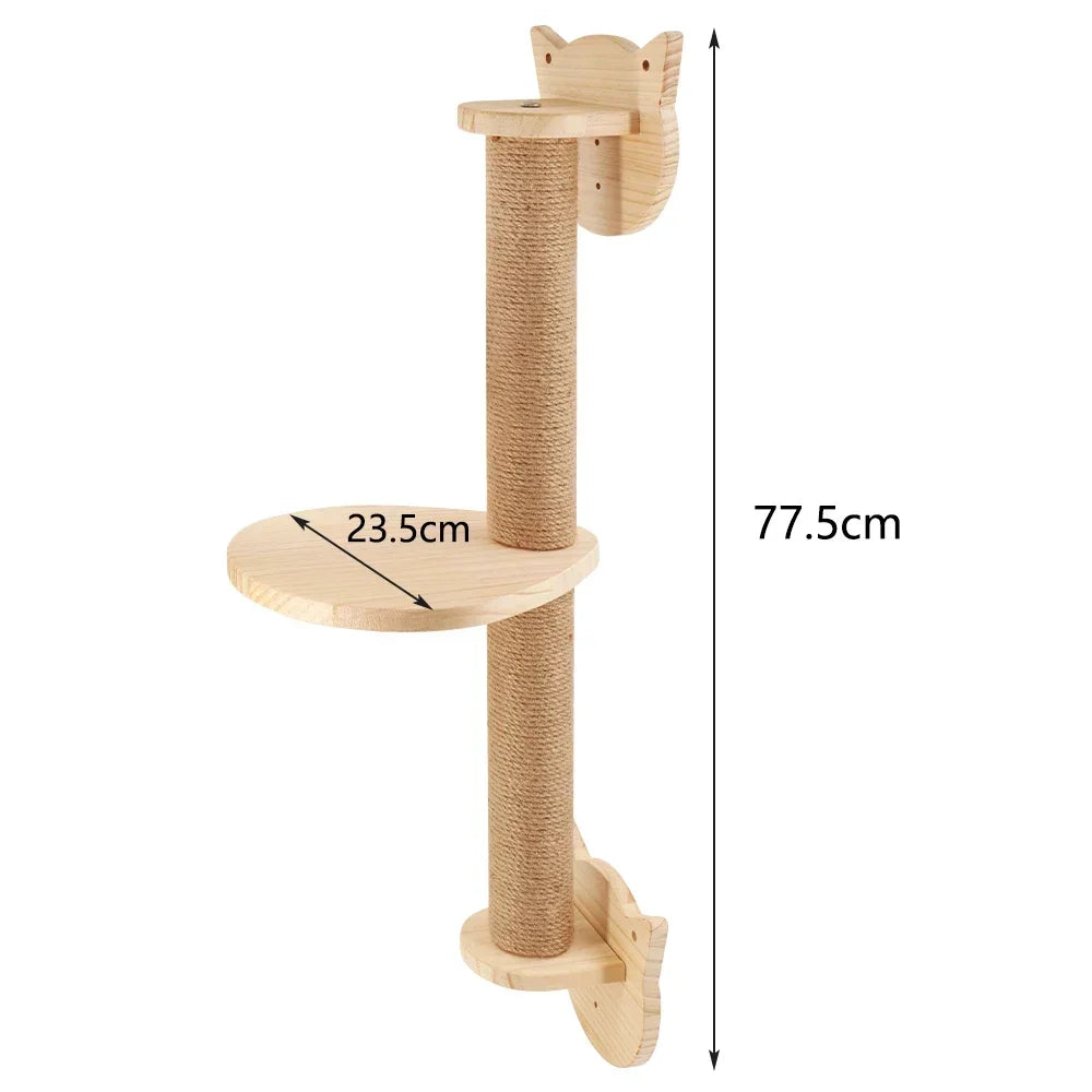 Wall Mounted Solid Wooden Cat Climbing Frame Hammock Scratching Post Shelf with Sisal Jumping Platform Ladder Steps Furniture