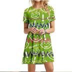 Painted Patters Cats Print Dress Short Sleeve Kawaii Women Dresses Summer For 2022 Fashion O-Neck Street Casual Loose Clothing