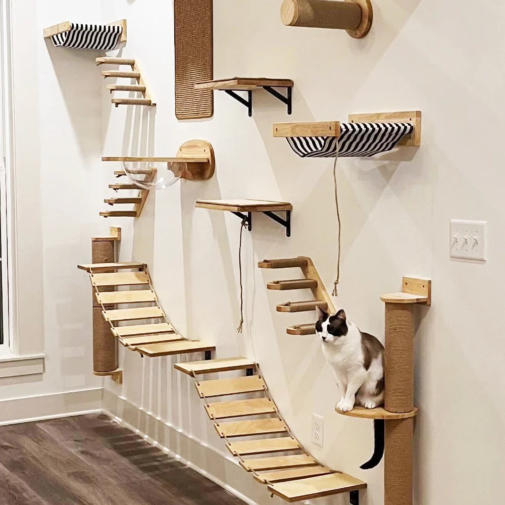 Cat Wall Furniture Wall-Mounted Cat Climber Set with Cat Wall Shelves  Perches Condo House Ladder Scratching Board & Tree   Wood