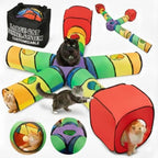 Indoor Cat Tunnel System with Hanging Toy Storage Bag - Large 5-Way Customizable Tube in Gray Tear-Resistant Collapsible Play C
