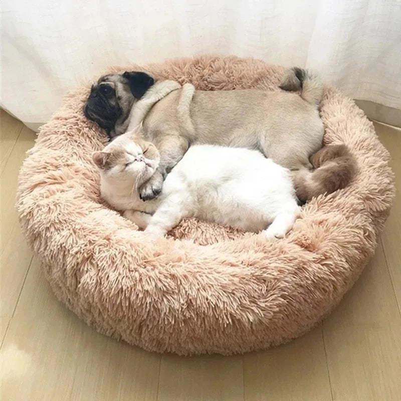 Long Plush Round Animal Bed - Soft Cat Dog House Cushion Mat Pet Sleeping Sofa Basket