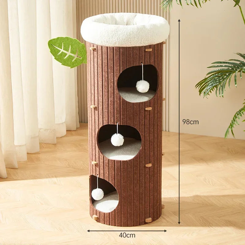 Cat House for Indoor Cats 2/3-Storey Large Cat Bed Cave Cozy Felt Covered Cats Tunnel Condo Hideaway Cat Scratcher for Multicats