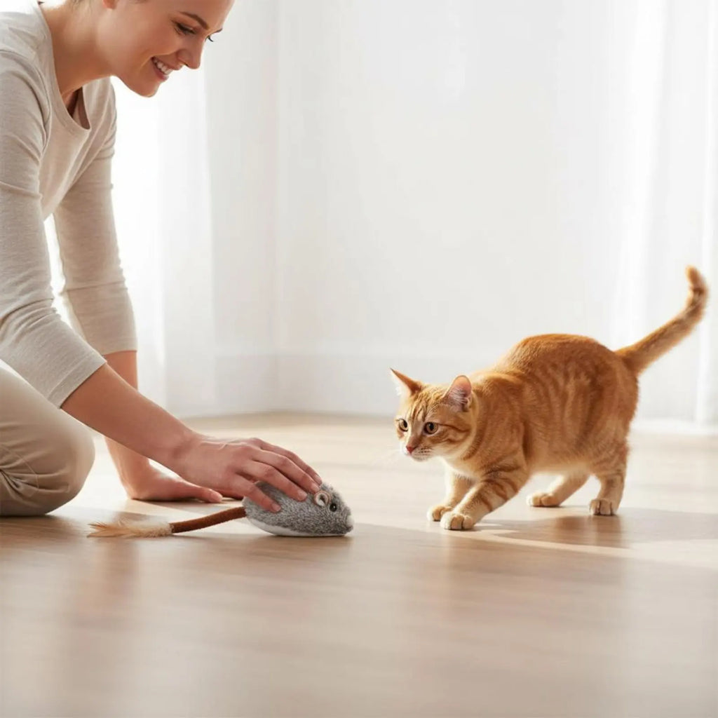 Rechargeable Feline Mouse Toy Feather Tail Interactive Feline Mouse Realistic Sound Obstacle Avoidance for Cats, Indoor