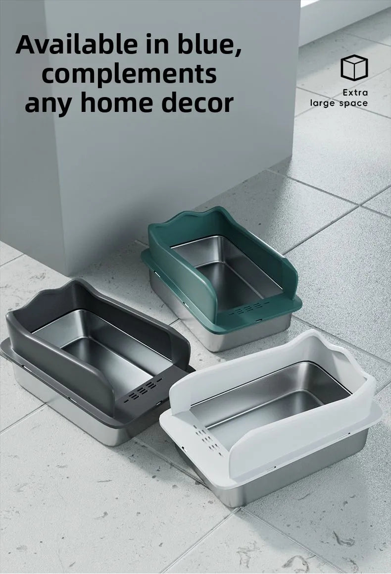 Large Stainless Steel Open Cat Litter Box Anti Splash Cat Toilet Pet Supplies