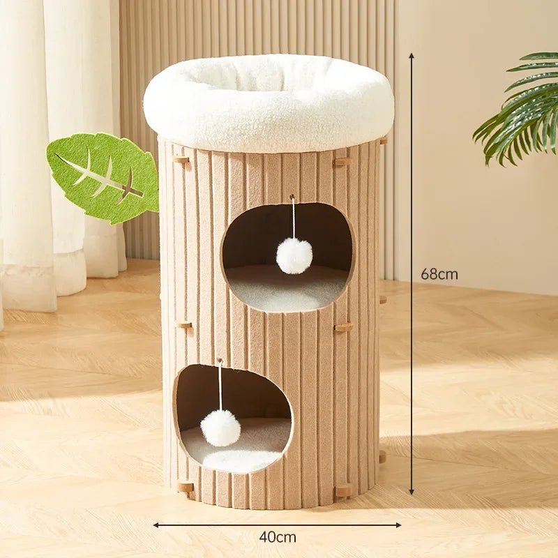 Cat House for Indoor Cats 2/3-Storey Large Cat Bed Cave Cozy Felt Covered Cats Tunnel Condo Hideaway Cat Scratcher for Multicats