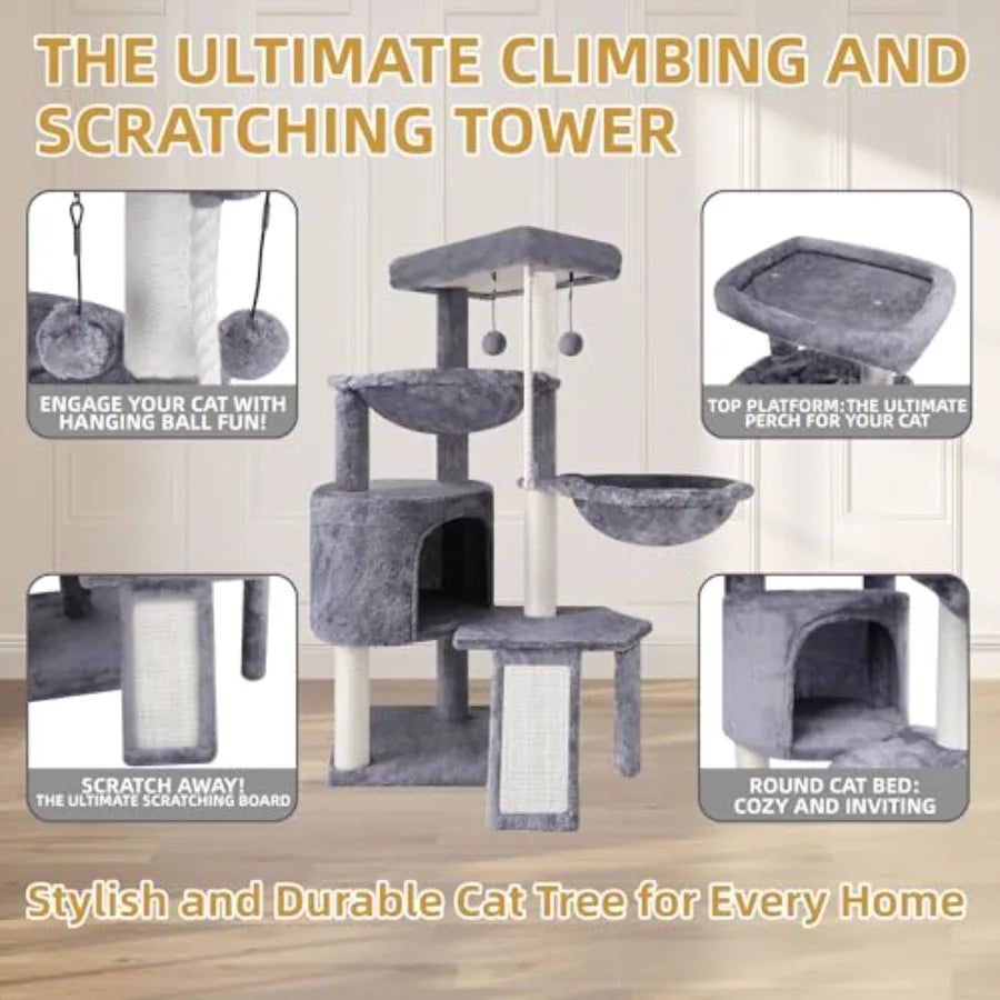 Xin Three Layer Cat Tree with Cat Condo and Two Hammocks in Grey for Indoor Cats Durable Sisal Wrapping and Soft Fleece Lining