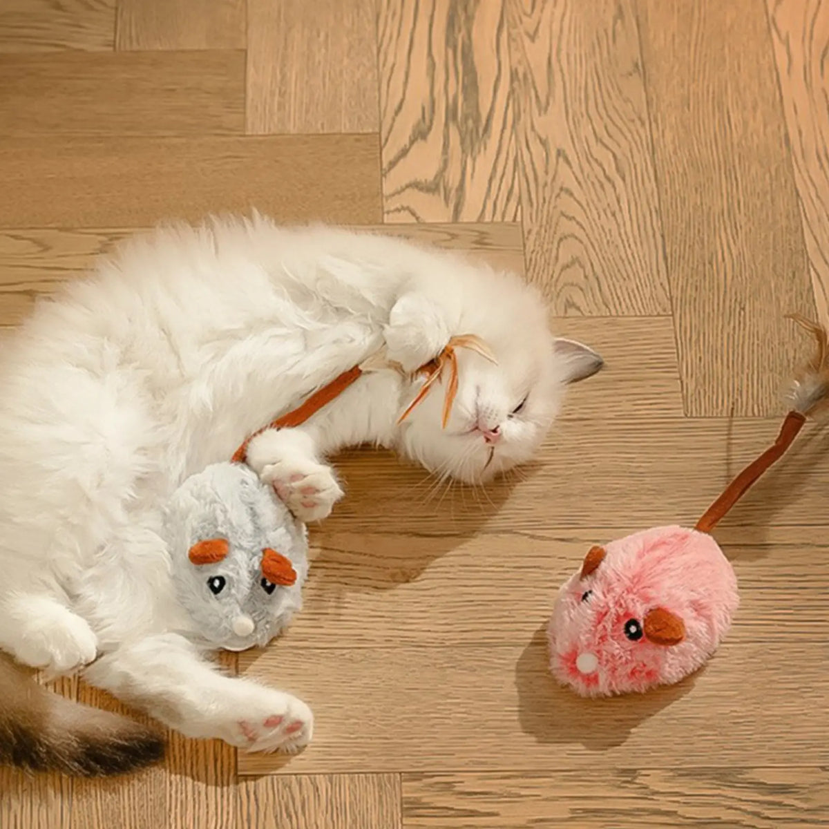 Rechargeable Feline Mouse Toy Feather Tail Interactive Feline Mouse Realistic Sound Obstacle Avoidance for Cats, Indoor
