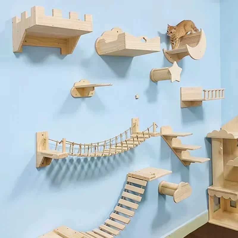 Wall Cat Climbing Shelves Cat Tree Tower Hammock Perches Ladder Solid Wood Steps for Cats Activity Indoor Pet Wall Furniture