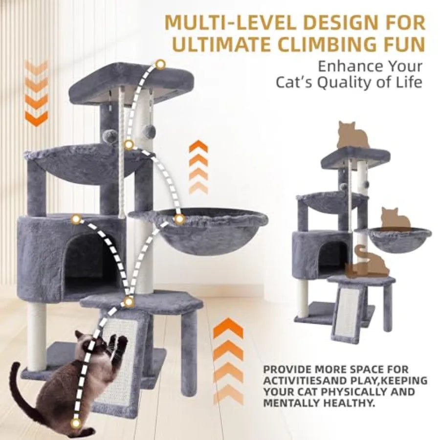 Xin Three Layer Cat Tree with Cat Condo and Two Hammocks in Grey for Indoor Cats Durable Sisal Wrapping and Soft Fleece Lining