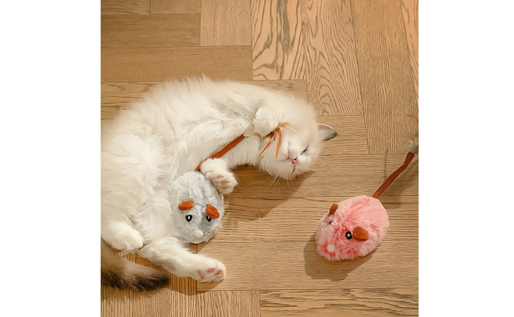 Rechargeable Feline Mouse Toy Feather Tail Interactive Feline Mouse Realistic Sound Obstacle Avoidance for Cats, Indoor