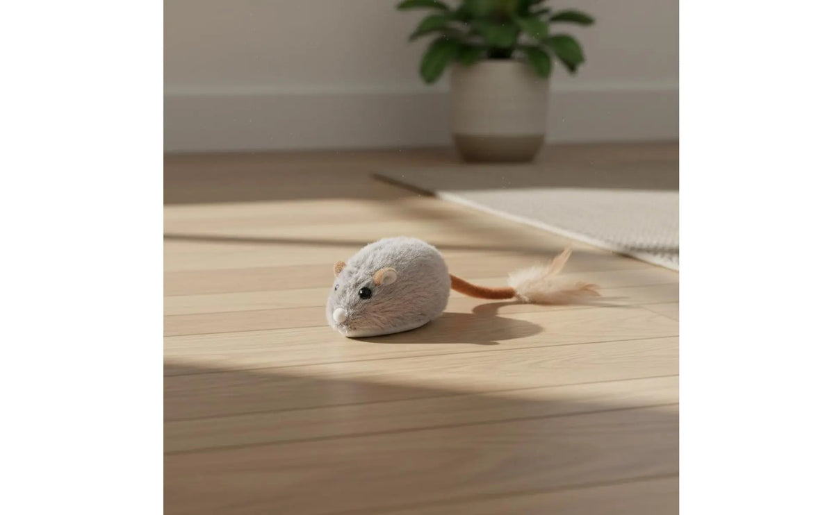 Rechargeable Feline Mouse Toy Feather Tail Interactive Feline Mouse Realistic Sound Obstacle Avoidance for Cats, Indoor