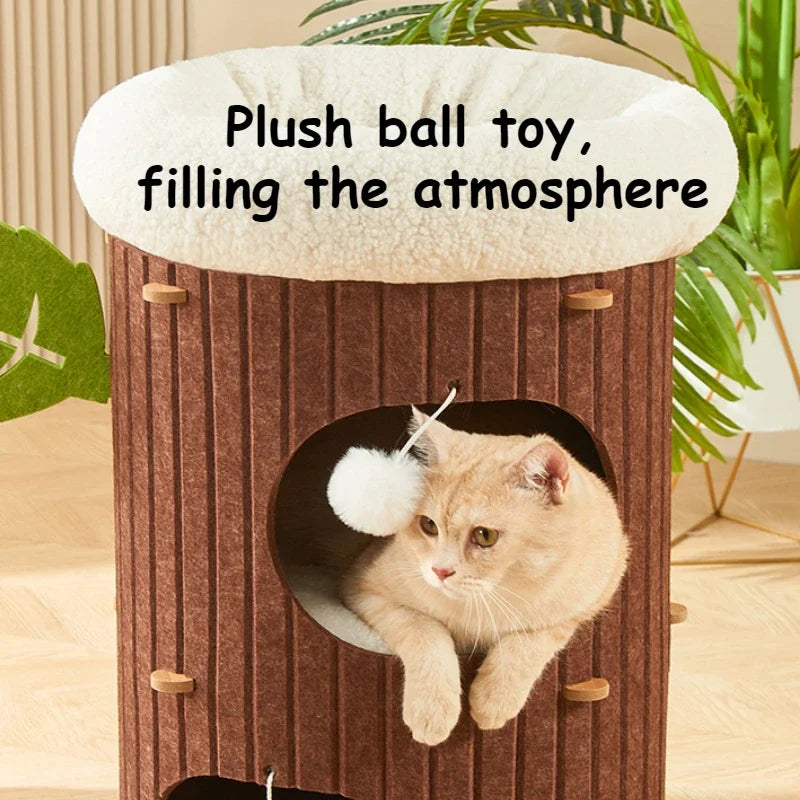 Cat House for Indoor Cats 2/3-Storey Large Cat Bed Cave Cozy Felt Covered Cats Tunnel Condo Hideaway Cat Scratcher for Multicats