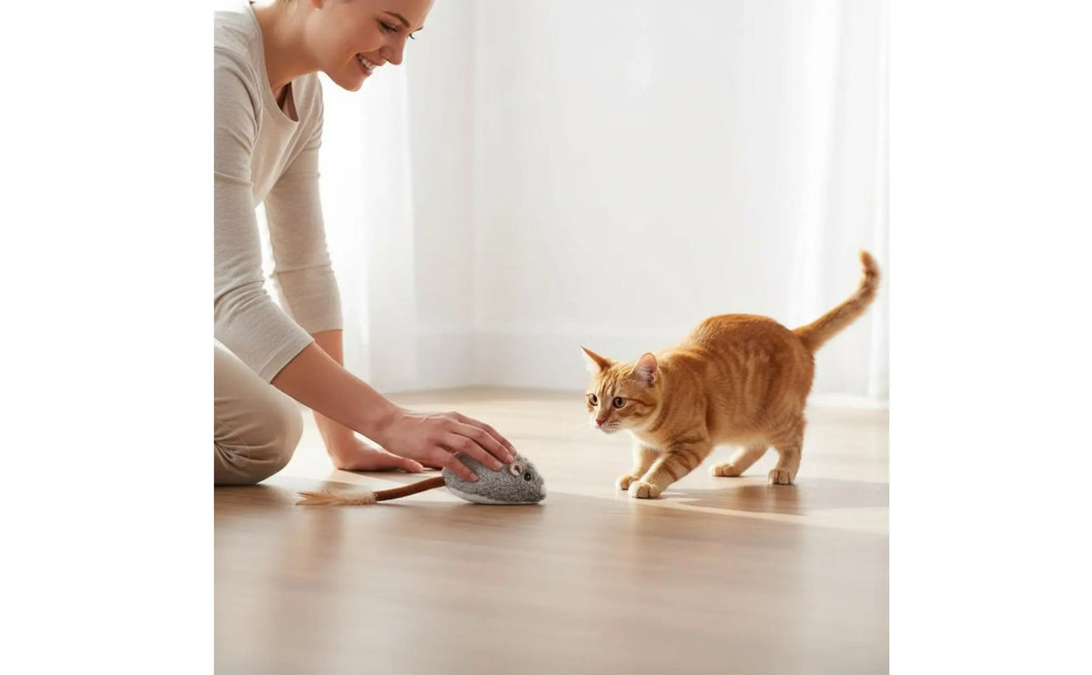 Rechargeable Feline Mouse Toy Feather Tail Interactive Feline Mouse Realistic Sound Obstacle Avoidance for Cats, Indoor