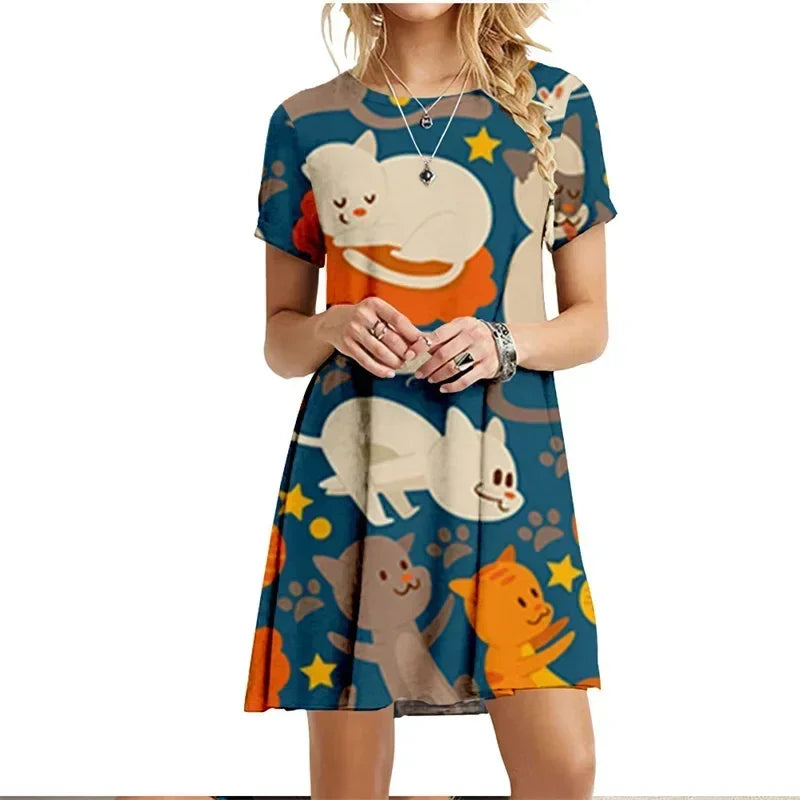 Painted Patters Cats Print Dress Short Sleeve Kawaii Women Dresses Summer For 2022 Fashion O-Neck Street Casual Loose Clothing