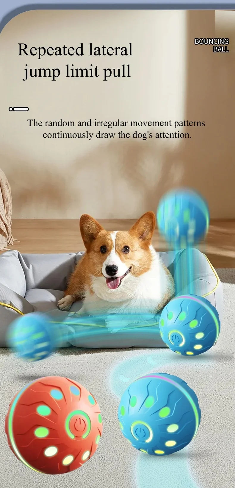 Interactive Smart Dog Ball Toy Electronic USB Powered Moving Bouncing Color Ball for Cats And Dogs Large Medium Size Pet Jumping