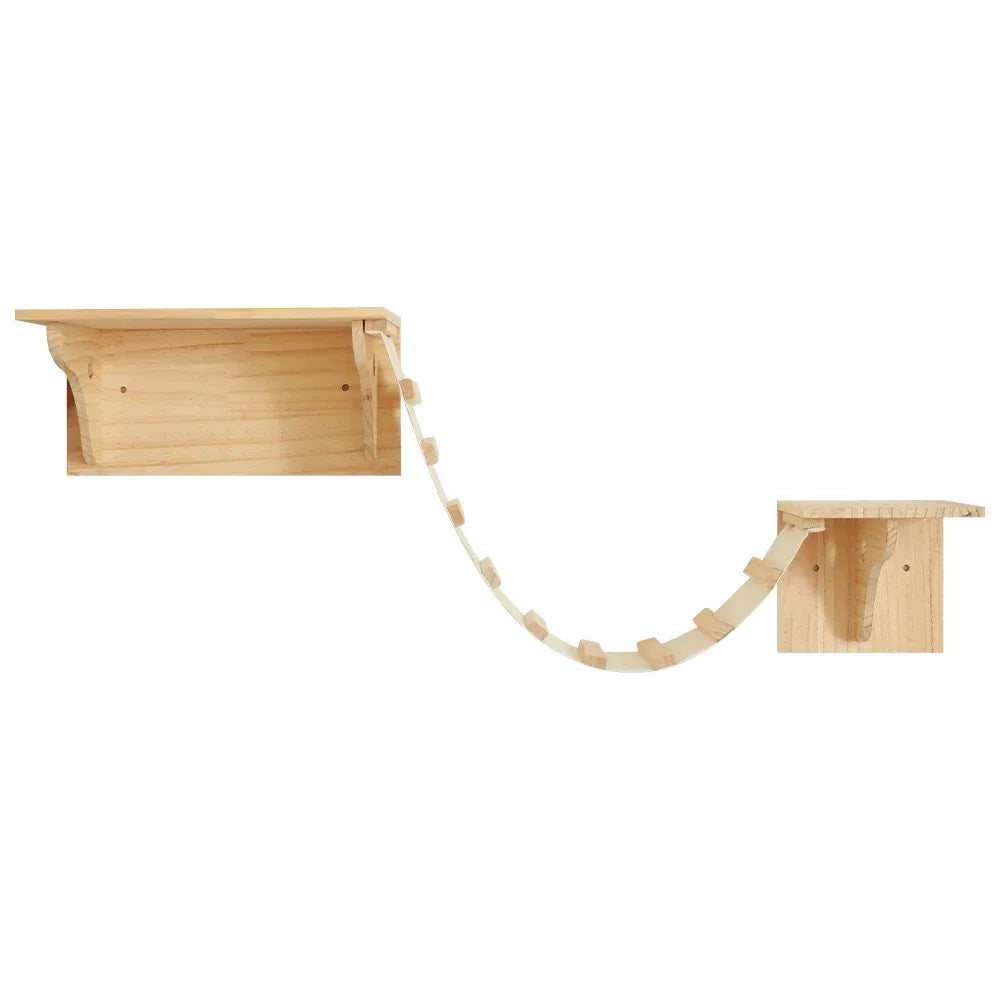 Wall Mounted Solid Wooden Cat Climbing Frame Hammock Scratching Post Shelf with Sisal Jumping Platform Ladder Steps Furniture