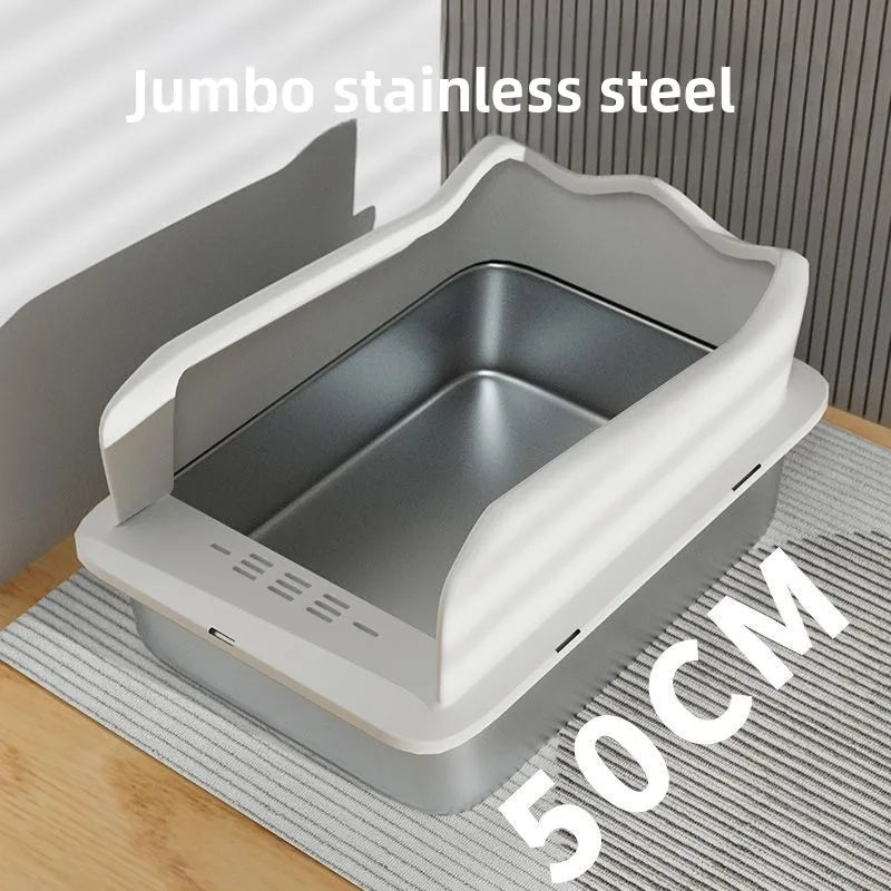 Large Stainless Steel Open Cat Litter Box Anti Splash Cat Toilet Pet Supplies