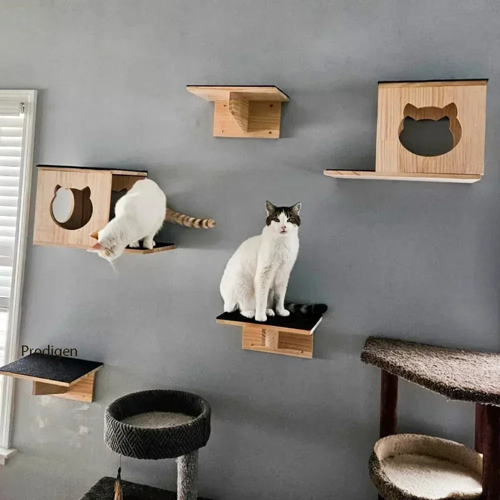 Wall Cat Climbing Shelves Cat Tree Tower Hammock Perches Ladder Solid Wood Steps for Cats Activity Indoor Pet Wall Furniture