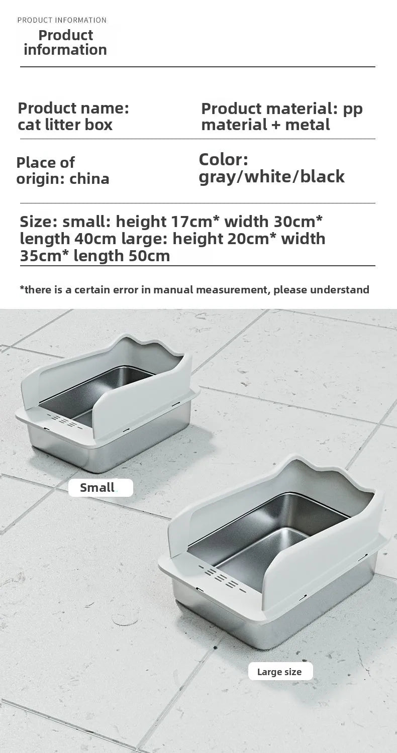 Large Stainless Steel Open Cat Litter Box Anti Splash Cat Toilet Pet Supplies