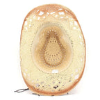 Women Cowboy Hat Creative Curled Straw Hollow Design Ethnic Style Beads Chain Decoration Shade Straw Hat Summer Sun Cap