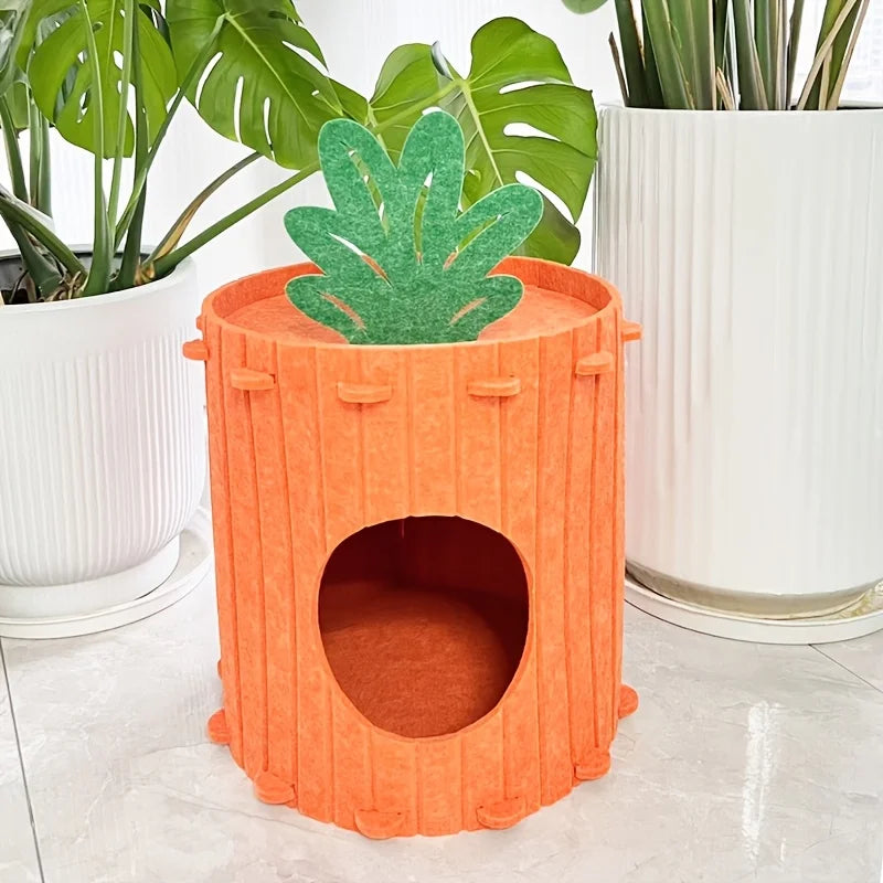 Carrot-Shaped Cat Scratcher & Hideout House, 2-in1 Cozy Felt Playground for Indoor Cats, Removable Non-Shedding Cat Bed