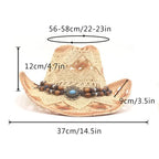 Women Cowboy Hat Creative Curled Straw Hollow Design Ethnic Style Beads Chain Decoration Shade Straw Hat Summer Sun Cap