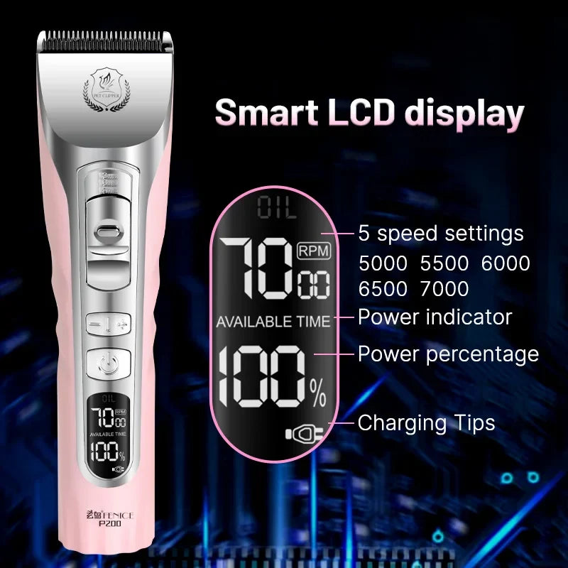 Fenice Sakura Pink Dog Hair Cutting Machine 5000mA Capacity Cordless LCD Screen Pet Dog Grooming Clipper Rechargeable Shaver Set