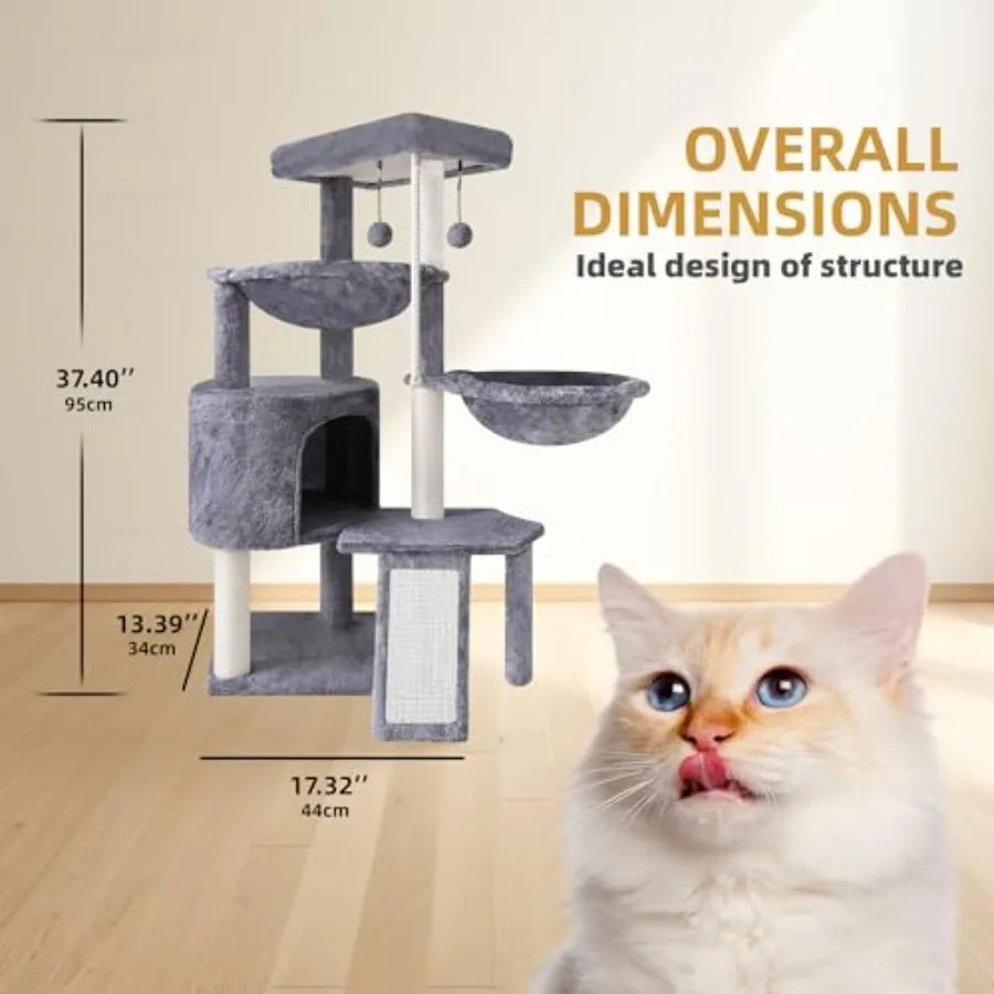 Xin Three Layer Cat Tree with Cat Condo and Two Hammocks in Grey for Indoor Cats Durable Sisal Wrapping and Soft Fleece Lining