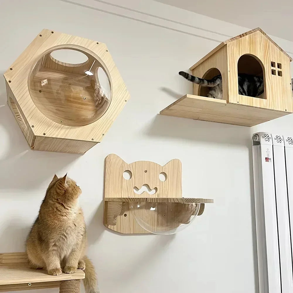 Wall Cat Climbing Shelves Cat Tree Tower Hammock Perches Ladder Solid Wood Steps for Cats Activity Indoor Pet Wall Furniture