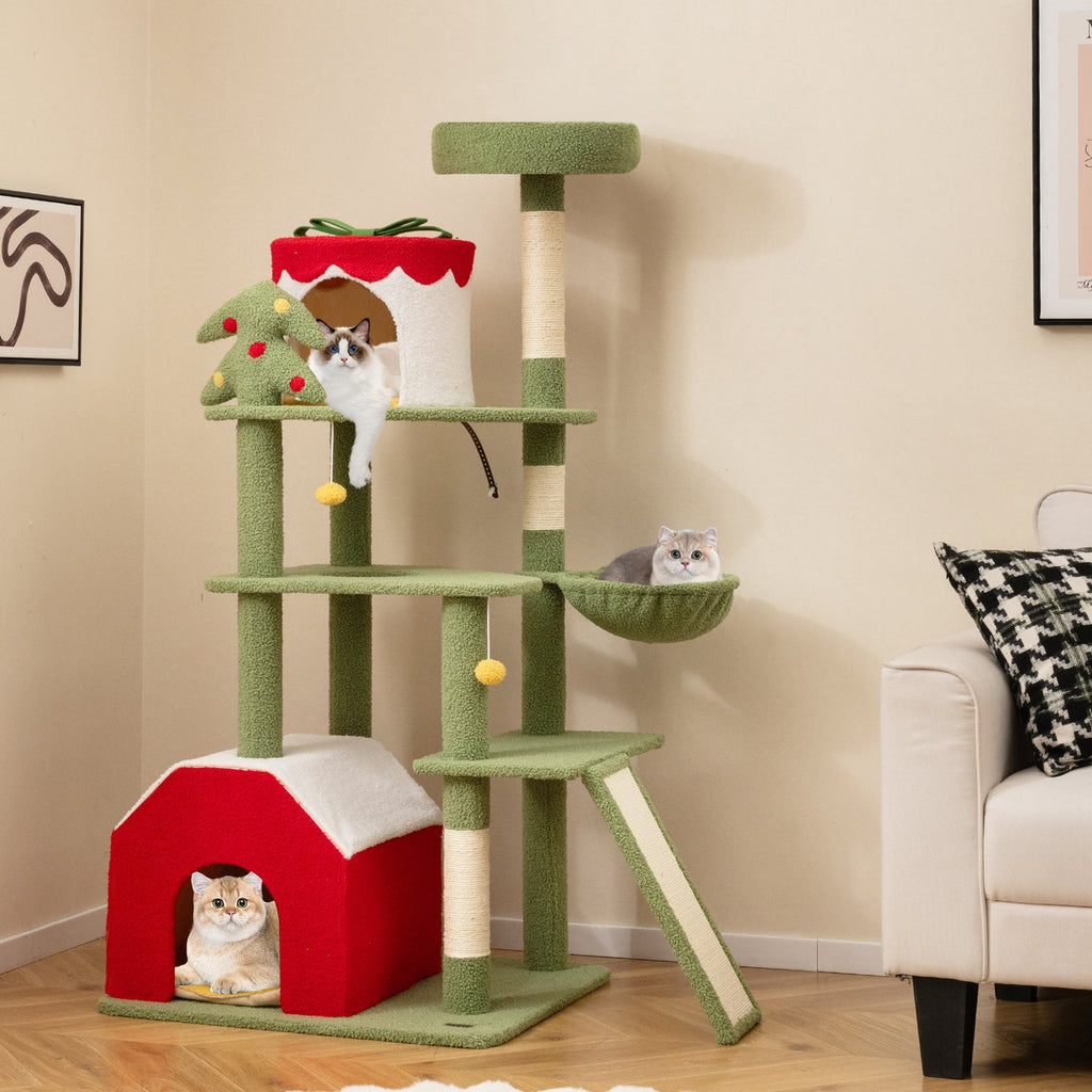 61 Inches Cute Christmas Cat Tree with Sisal Scratching Posts and 2 Condos-Green