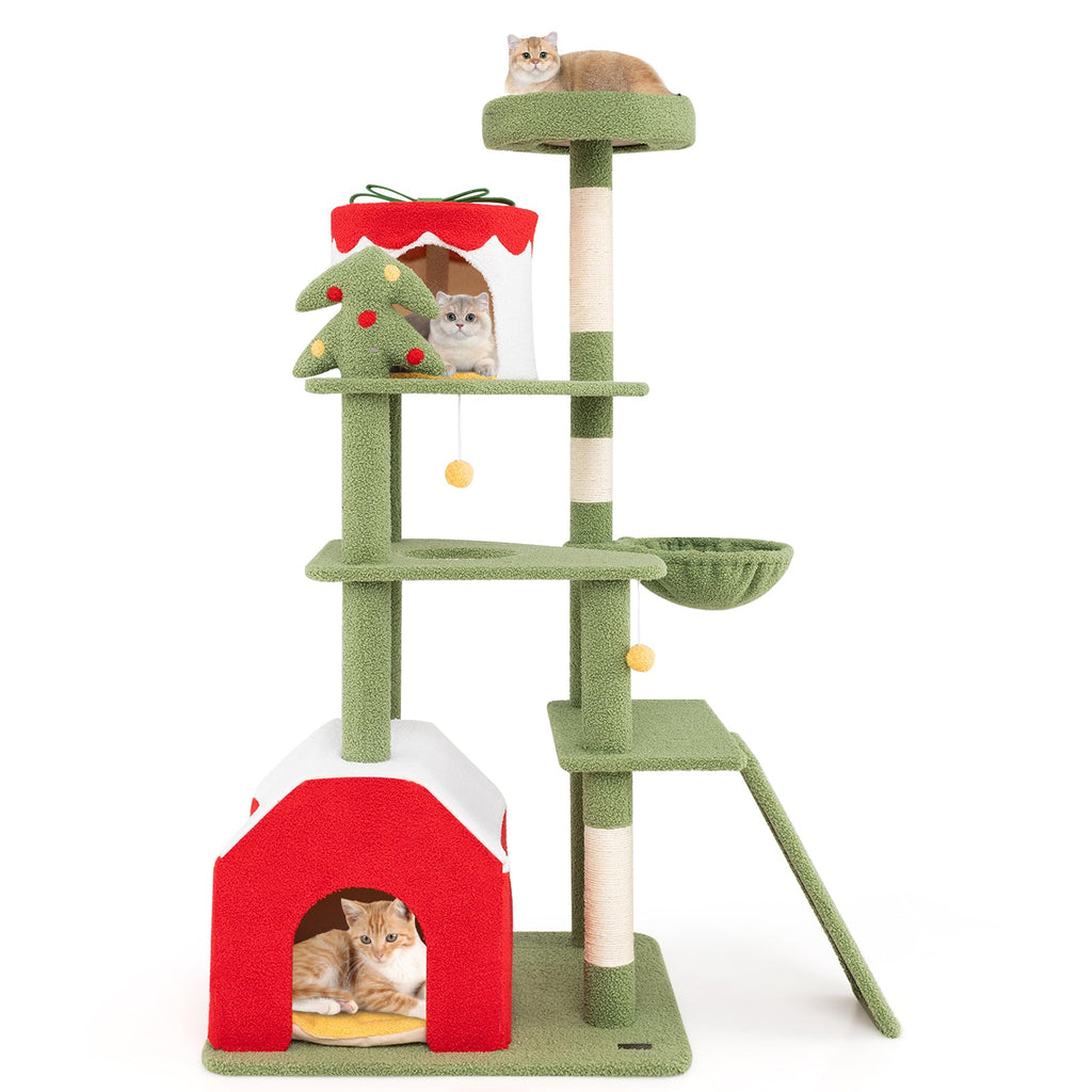 61 Inches Cute Christmas Cat Tree with Sisal Scratching Posts and 2 Condos-Green