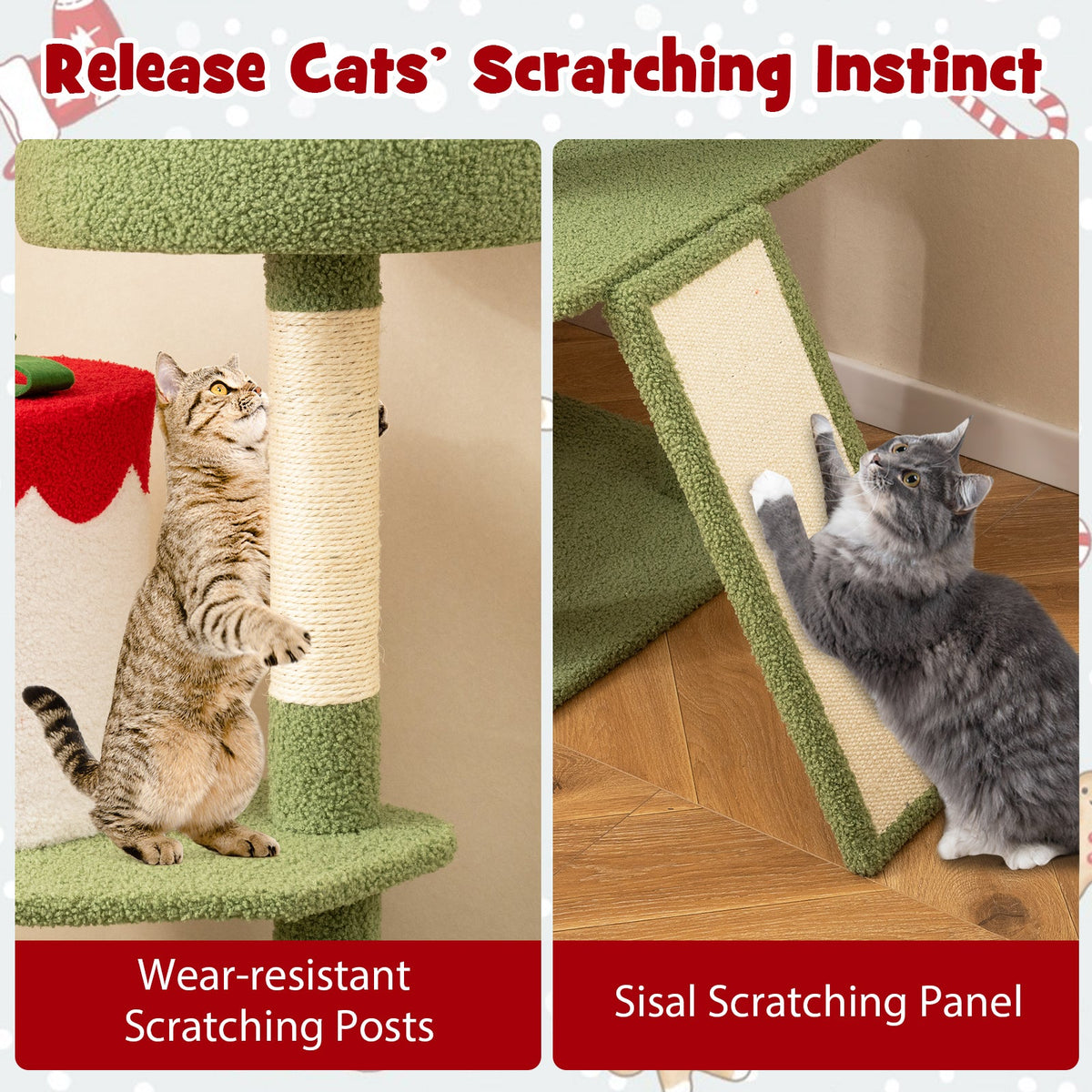 61 Inches Cute Christmas Cat Tree with Sisal Scratching Posts and 2 Condos-Green