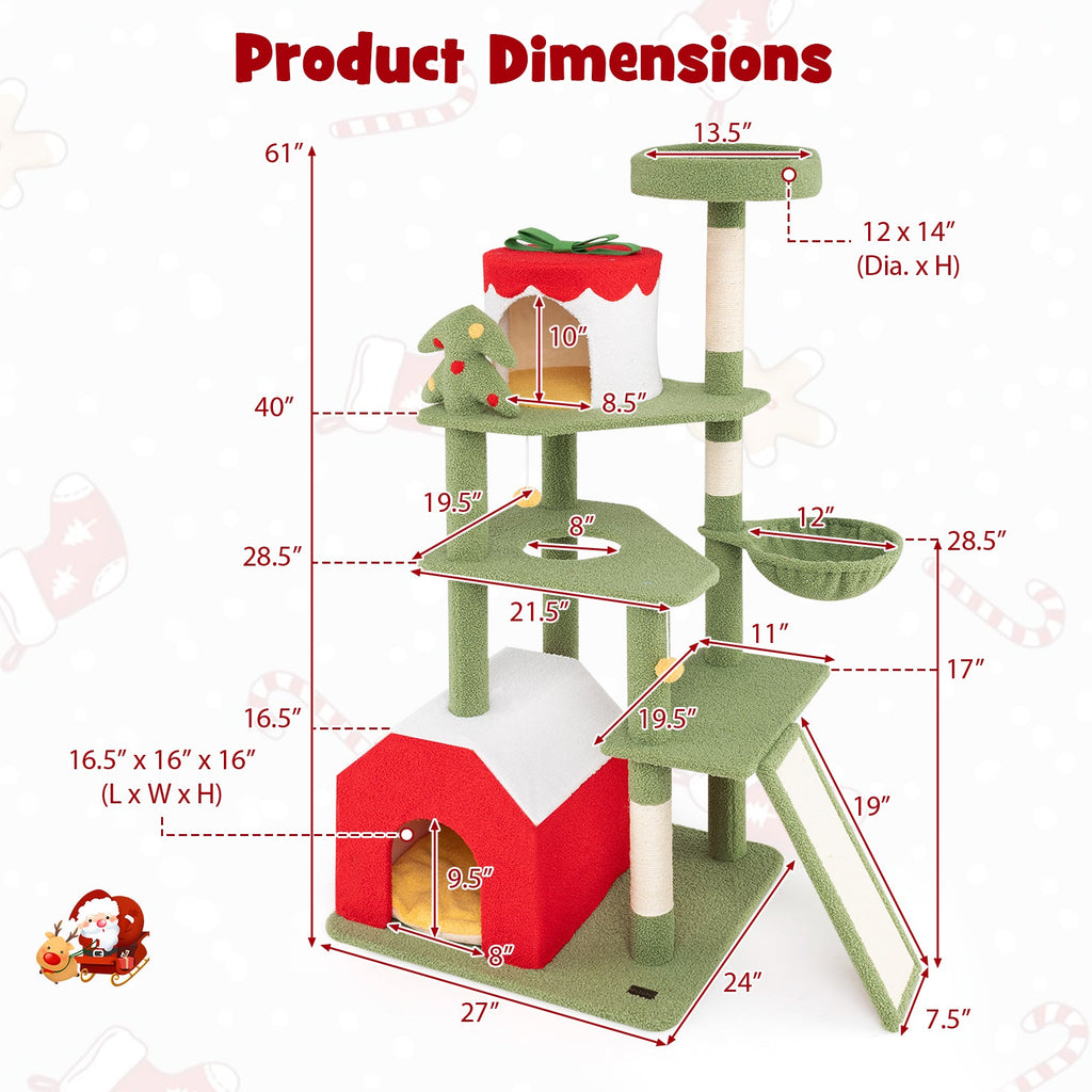 61 Inches Cute Christmas Cat Tree with Sisal Scratching Posts and 2 Condos-Green