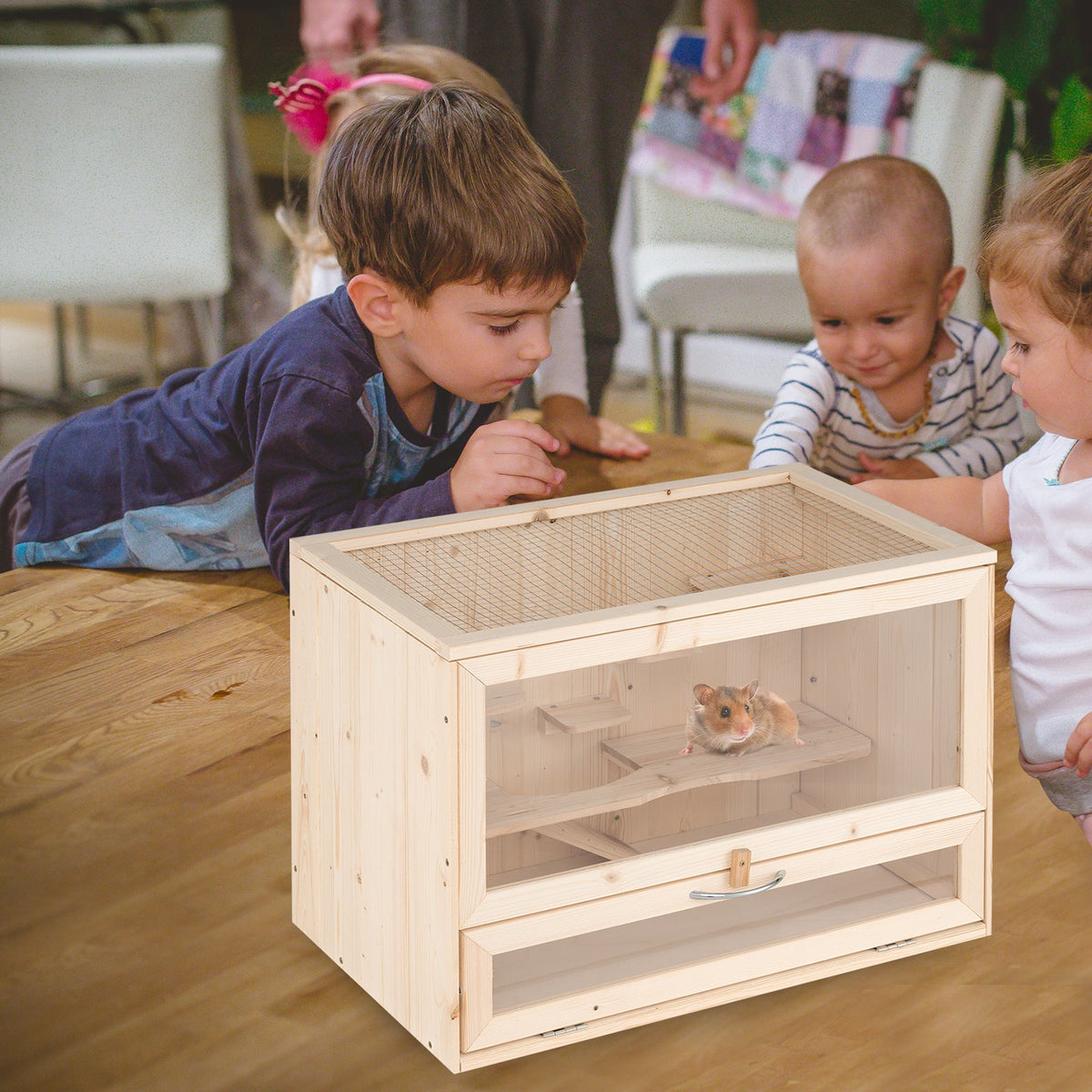 Wooden Hamster Cage with Mesh Flip Roof-Natural