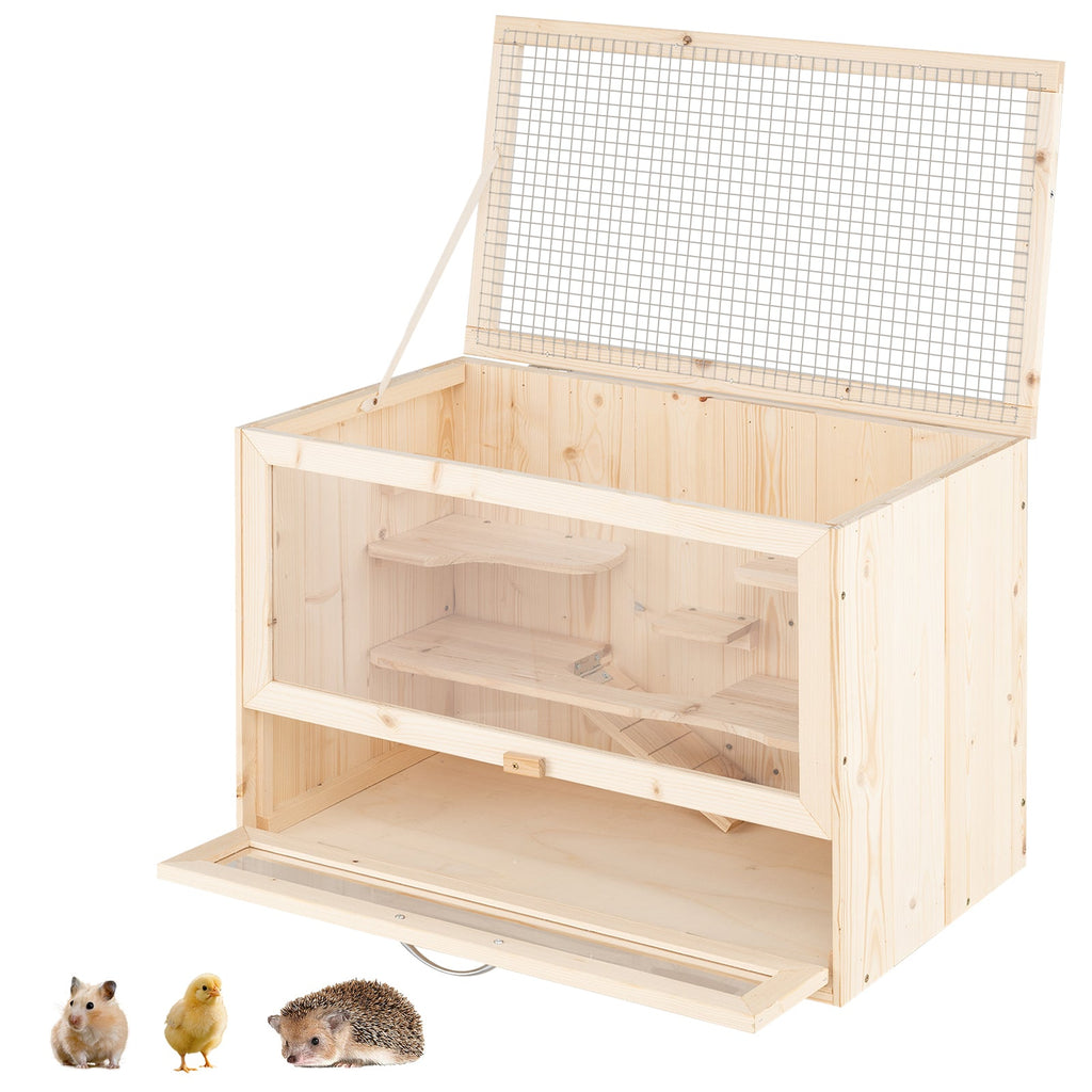 Wooden Hamster Cage with Mesh Flip Roof-Natural