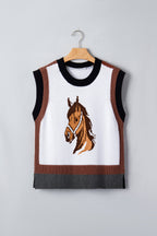 White Western Horse Head Colorblock Trim Sweater Vest