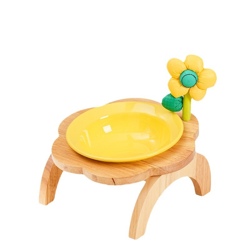 Cat Food Bowl With Wood Holder Stand Flower Shaped Ceramic Food Dish Water Bowl Cat Feeding Drinking Plates Multi Color
