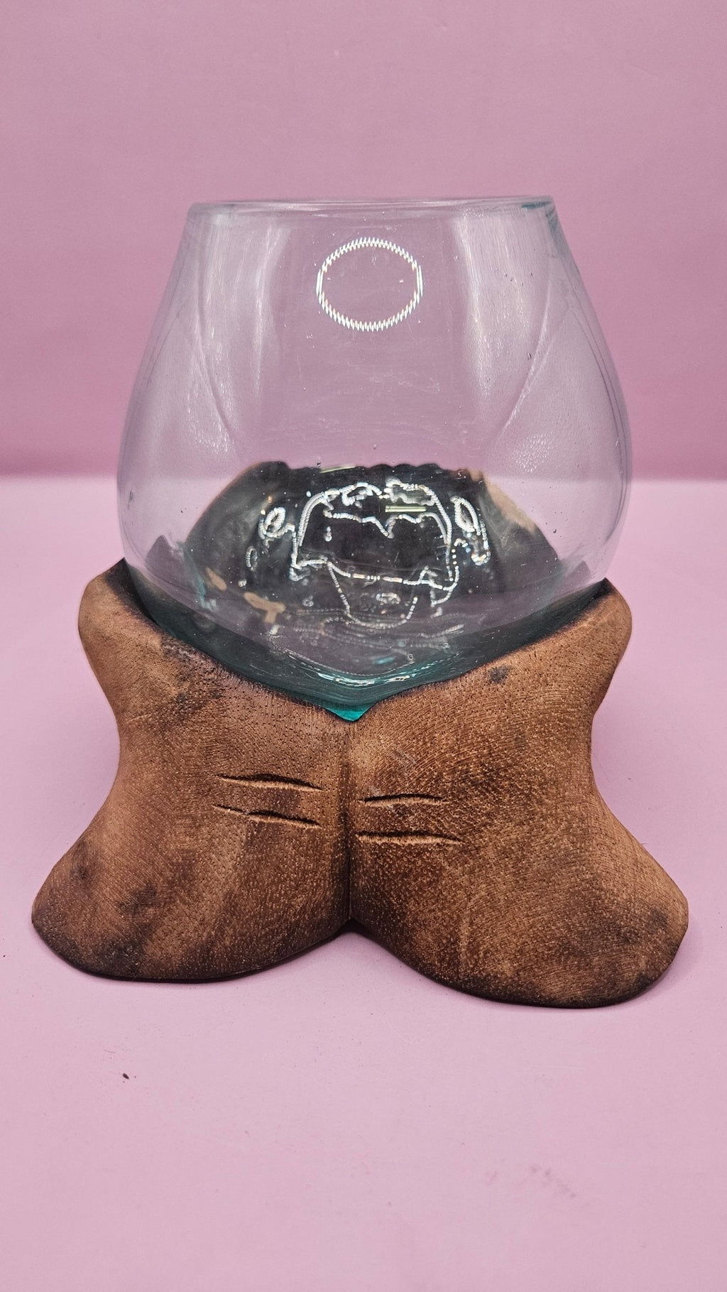 Carved Wooden Hand and Molten Glass Terrarium