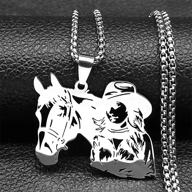 Cowgirl Horse Necklace, Stainless Steel Pendant, Western Jewelry
