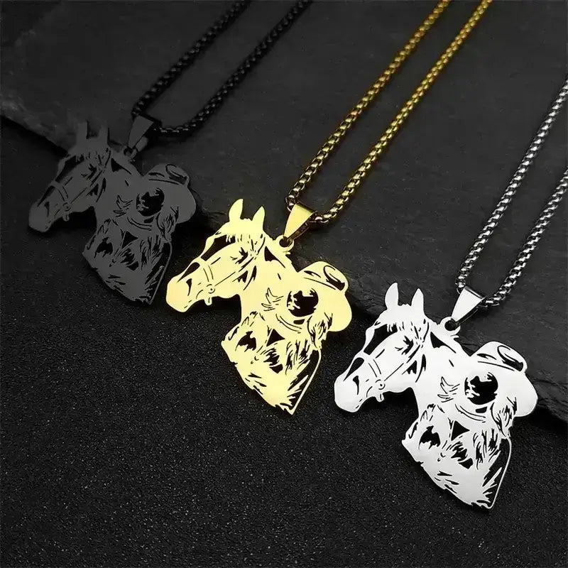 Cowgirl Horse Necklace, Stainless Steel Pendant, Western Jewelry