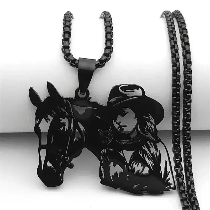 Cowgirl Horse Necklace, Stainless Steel Pendant, Western Jewelry