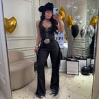 C7831 Cross Border 2026 New Women Sexy Western-style Halterneck Fringe Wide-leg Pants Slim-fit Party Jumpsuit