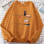 Elegant Cute Cat Print Sweatshirts Women Casual Crewneck Sportswear Fleece Warm Fleece Sweatshirt Loose Autumn Clothes Casual Women's Printed Hooded Sweatshirt Loose Tunic Blouse Top Utility Pockets Ladies Sweatshirts