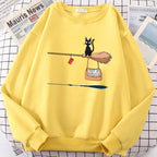 Elegant Cute Cat Print Sweatshirts Women Casual Crewneck Sportswear Fleece Warm Fleece Sweatshirt Loose Autumn Clothes Casual Women's Printed Hooded Sweatshirt Loose Tunic Blouse Top Utility Pockets Ladies Sweatshirts