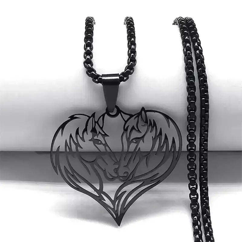 Horse Love Pendant, Stainless Steel Heart Shaped Necklace Jewelry